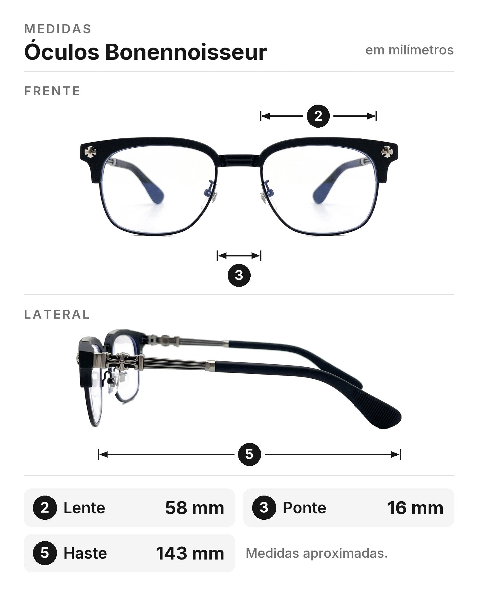 Medidas do Óculos Bonennoisseur, de frente e de lado: 2 lente 58 mm, 3 ponte 16 mm, 5 haste 143 mm.