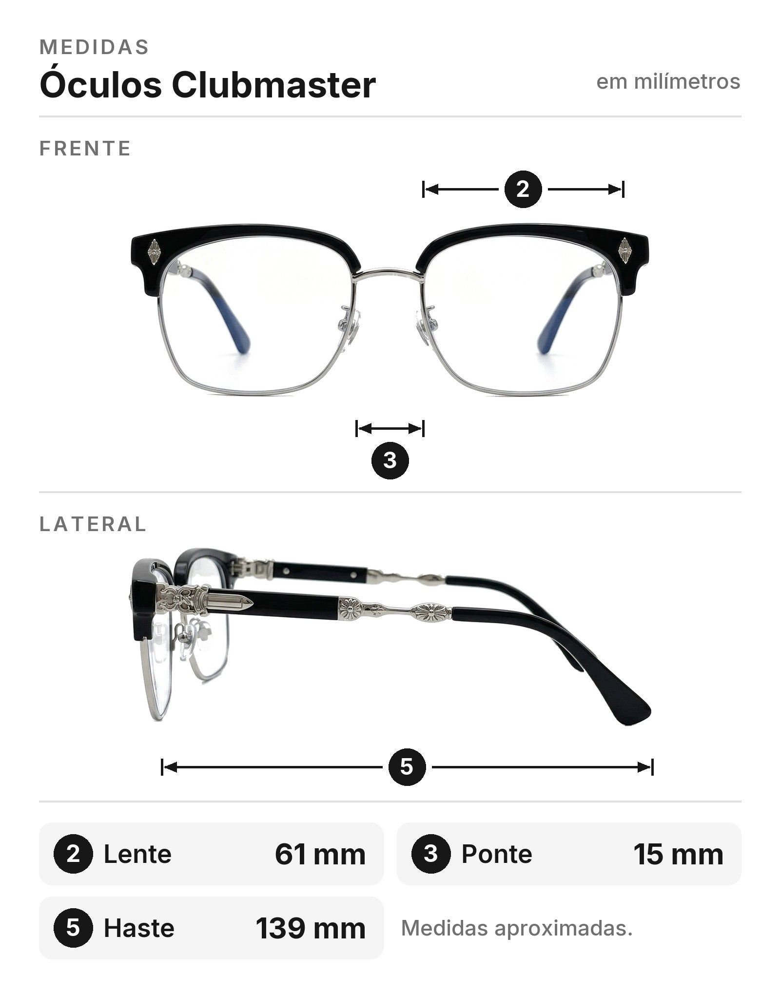 Medidas do Óculos Clubmaster, de frente e de lado: 2 lente 61 mm, 3 ponte 15 mm, 5 haste 139 mm.