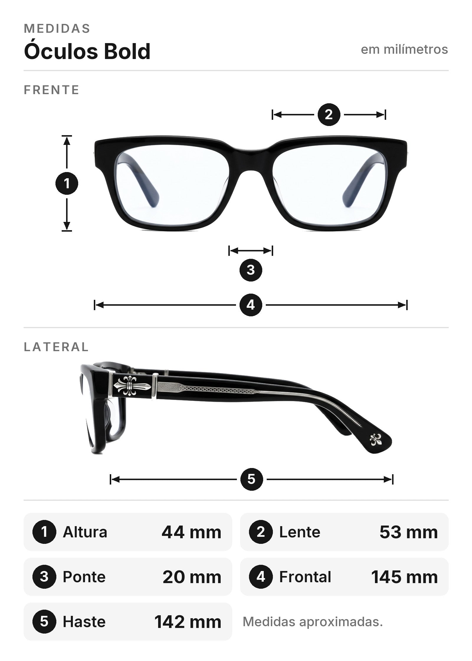 Medidas do Óculos Bold, de frente e de lado: 1 altura 44 mm, 2 lente 53 mm, 3 ponte 20 mm, 4 frontal 145 mm, 5 haste 142 mm.